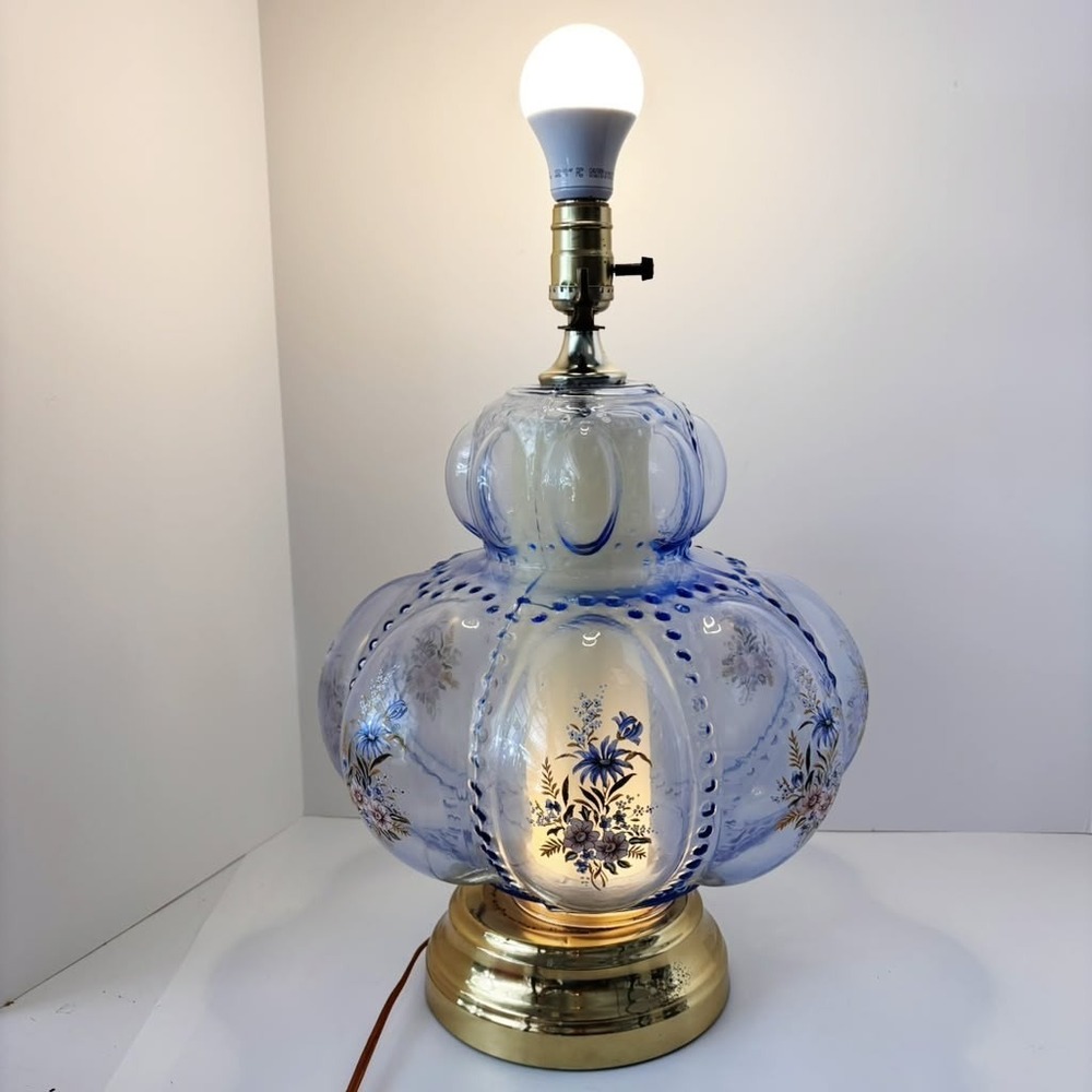 Vintage MCM Carl Falkenstein Blue Bubble Glass table Lamp w/ flowers WORKS‎